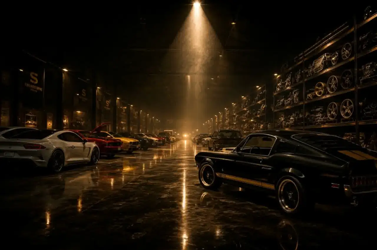 Vehicles and parts inside the Sublimes Drive warehouse