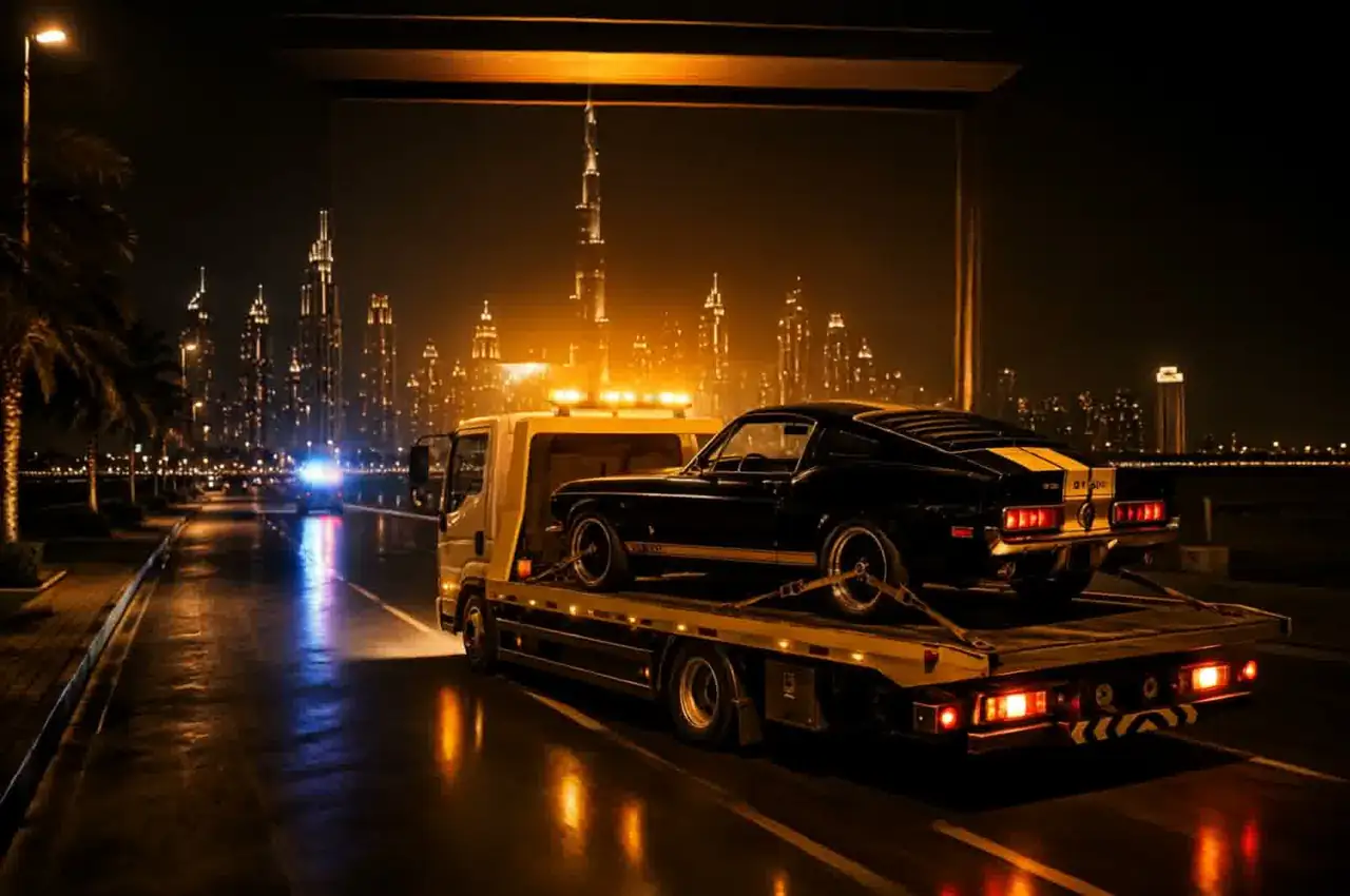 Inside a professional garage workshop at night
